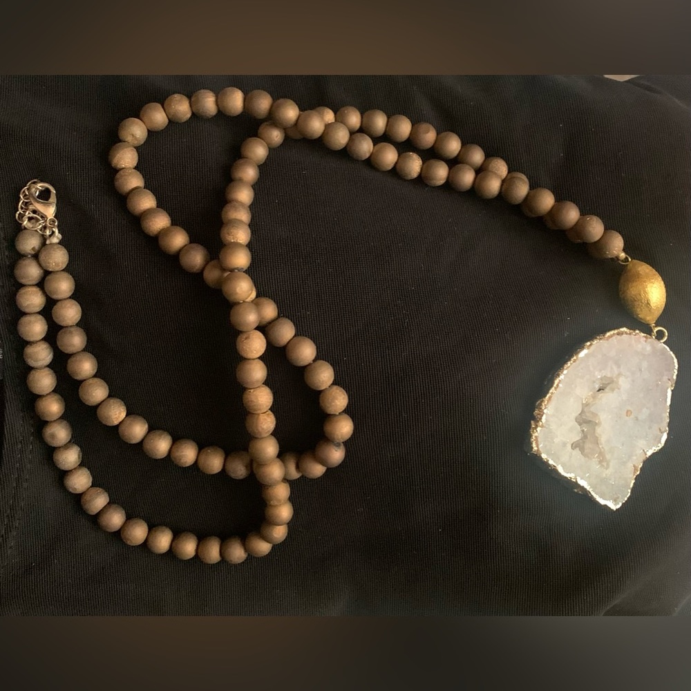 White Quartz Geode with Gold Finish on Long Beaded Chain Necklace Adjustable